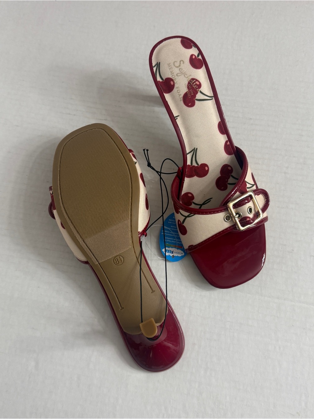 Cherry Print Buckle Kitten Heel Mules Red White - Picture 5 of 5